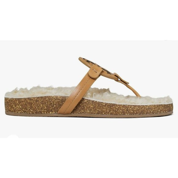 New Tory Burch MILLER CLOUD Cork Shearling Leather Sandals Caramel Size 5 ($268) - Picture 4 of 6
